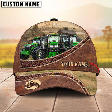 Joycorners Three Tractor Tooled Leather Farm Landscape Pattern Personalized Name 3D Classic Cap