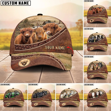 Joycorners Three Cow Tooled Leather Farm Landscape Pattern Personalized Name 3D Classic Cap (9 Breeds)