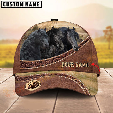 Joycorners Three Friesian Horse Tooled Leather Farm Landscape Pattern Personalized Name 3D Classic Cap