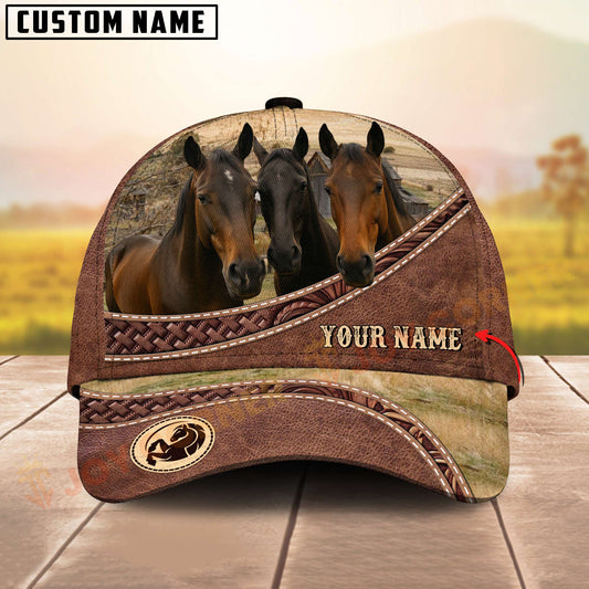 Joycorners Three Hackney Horse Tooled Leather Farm Landscape Pattern Personalized Name 3D Classic Cap