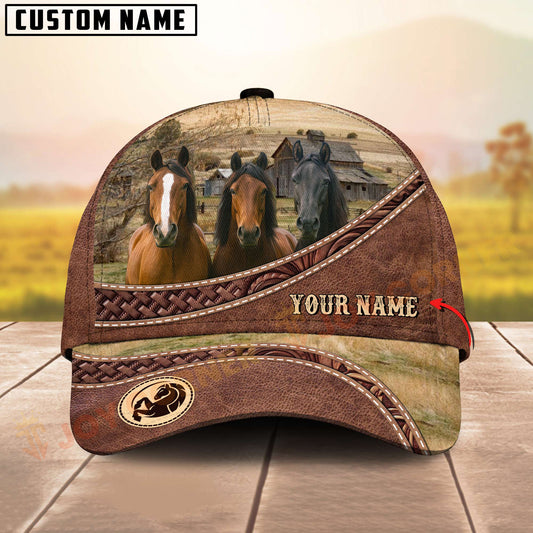Joycorners Three Morgan Horse Tooled Leather Farm Landscape Pattern Personalized Name 3D Classic Cap