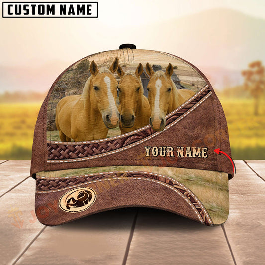 Joycorners Three Palomino Horse Tooled Leather Farm Landscape Pattern Personalized Name 3D Classic Cap