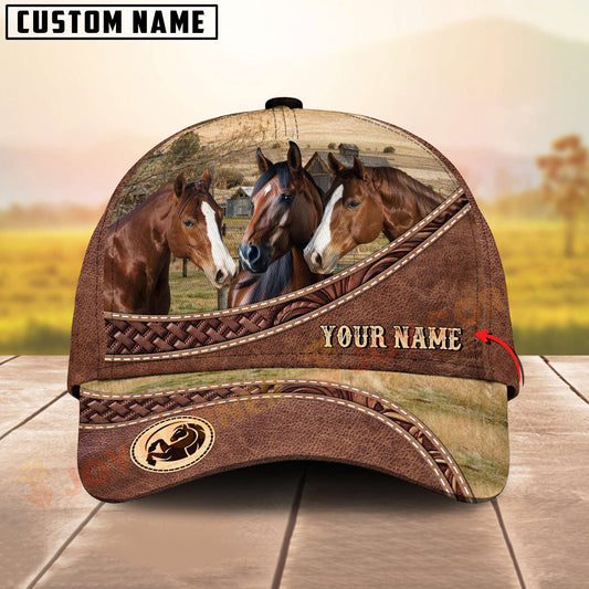 Joycorners Three Quarter Horse Tooled Leather Farm Landscape Pattern Personalized Name 3D Classic Cap