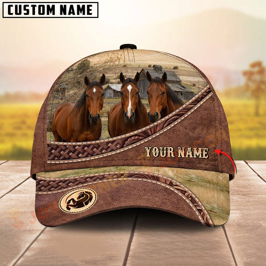 Joycorners Three Thoroughbred Horse Tooled Leather Farm Landscape Pattern Personalized Name 3D Classic Cap
