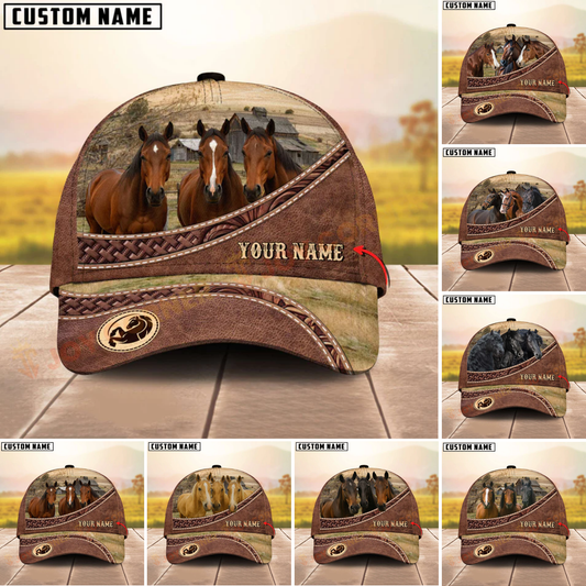 Joycorners Three Horse Tooled Leather Farm Landscape Pattern Personalized Name 3D Classic Cap  (8 Breeds)