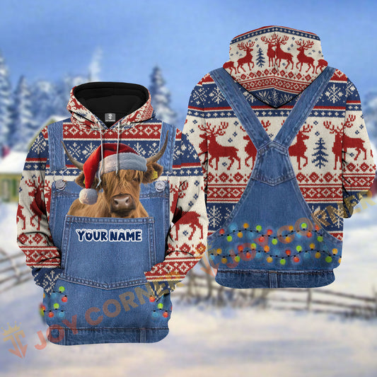 Joycorners Highland Cattle Christmas Denim Pattern Personalized Name Shirt 3D All Over Printed Clothes
