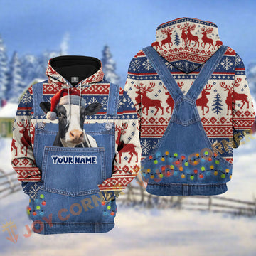 Joycorners Holstein Christmas Denim Pattern Personalized Name Shirt 3D All Over Printed Clothes