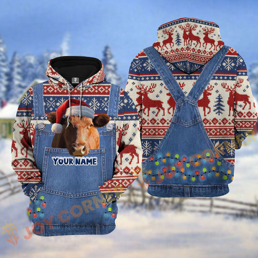 Joycorners Red Angus Christmas Denim Pattern Personalized Name Shirt 3D All Over Printed Clothes