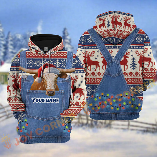 Joycorners Texas Longhorn Christmas Denim Pattern Personalized Name Shirt 3D All Over Printed Clothes