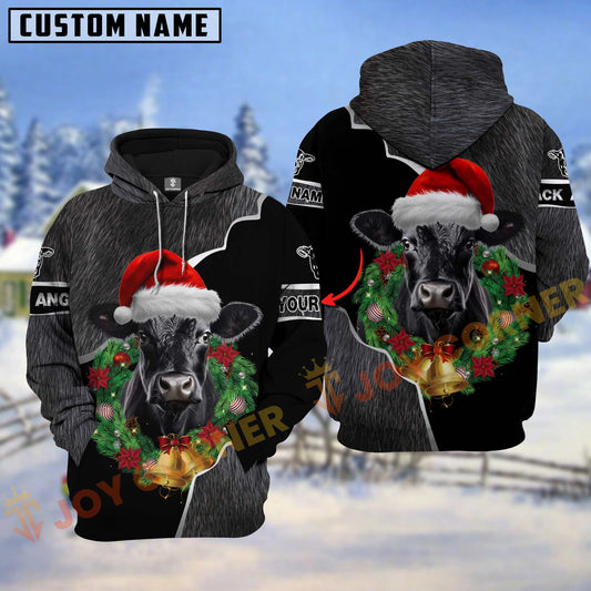 Joycorners Black Angus Christmas Wreath Leather Pattern Personalized Name Shirt 3D All Over Printed Clothes