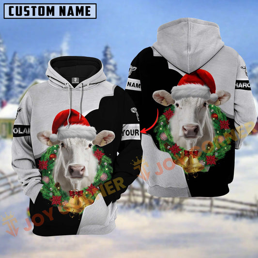 Joycorners Charolais Christmas Wreath Leather Pattern Personalized Name Shirt 3D All Over Printed Clothes