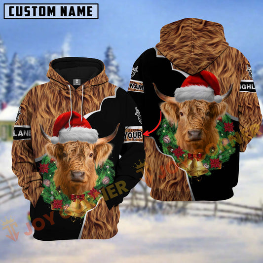 Joycorners Highland Cattle Christmas Wreath Leather Pattern Personalized Name Shirt 3D All Over Printed Clothes