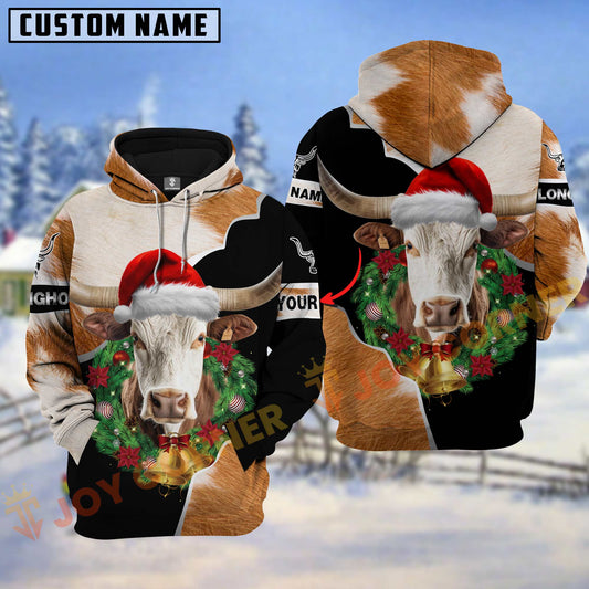 Joycorners Texas Longhorn Christmas Wreath Leather Pattern Personalized Name Shirt 3D All Over Printed Clothes