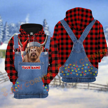 Joycorners Highland Cattle Red Caro Hot Trend Christmas Denim Pattern Personalized Name Shirt 3D All Over Printed Clothes
