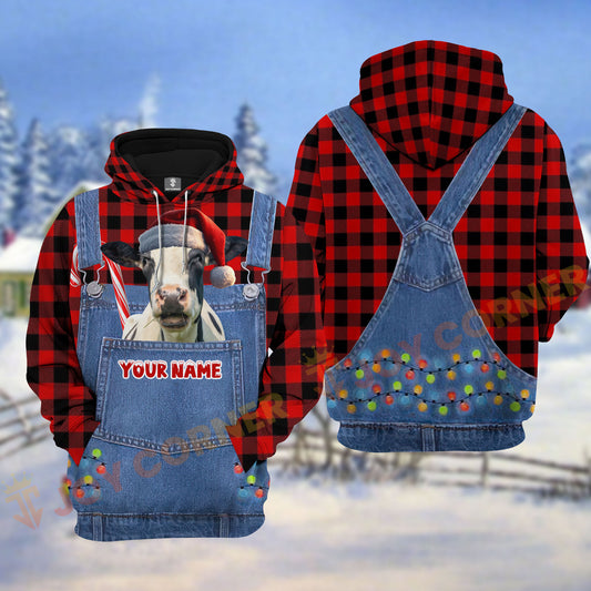 Joycorners Holstein Red Caro Hot Trend Christmas Denim Pattern Personalized Name Shirt 3D All Over Printed Clothes