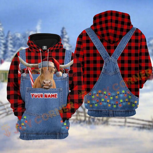 Joycorners Texas Longhorn Red Caro Hot Trend Christmas Denim Pattern Personalized Name Shirt 3D All Over Printed Clothes