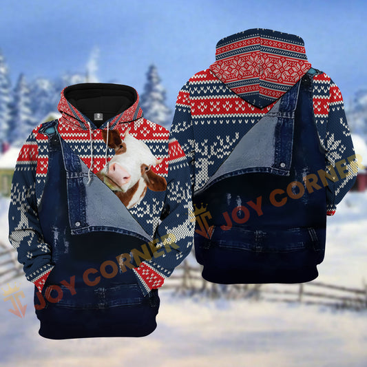 Joycorners Hereford Denim Overall Knitted Pattern Christmas Personalized Name Shirt 3D All Over Printed Clothes