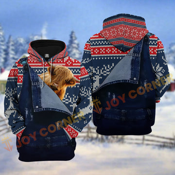 Joycorners Highland Cattle Denim Overall Knitted Pattern Christmas Personalized Name Shirt 3D All Over Printed Clothes