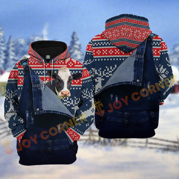 Joycorners Holstein Denim Overall Knitted Pattern Christmas Personalized Name Shirt 3D All Over Printed Clothes