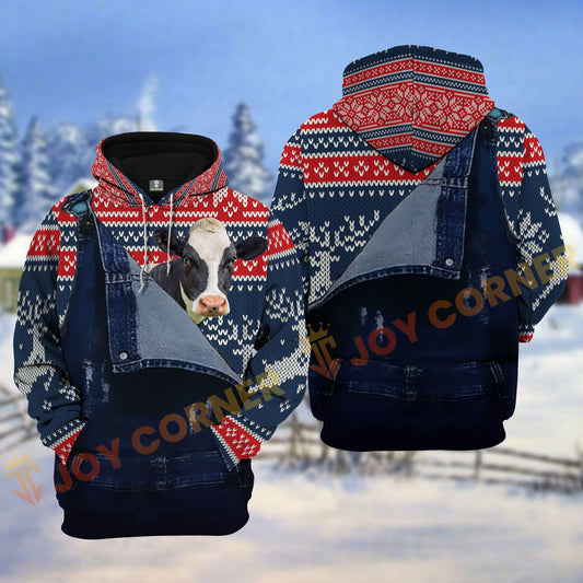 Joycorners Holstein Denim Overall Knitted Pattern Christmas Personalized Name Shirt 3D All Over Printed Clothes