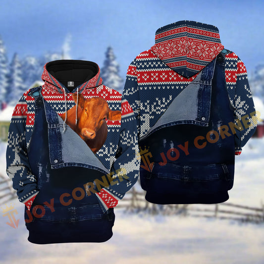 Joycorners Red Angus Denim Overall Knitted Pattern Christmas Personalized Name Shirt 3D All Over Printed Clothes
