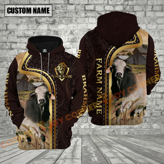 Joycorners Brahman Cow Farm Life Country Style Leather Pattern Personalized Name, Farm Name Unisex 3D Hoodie