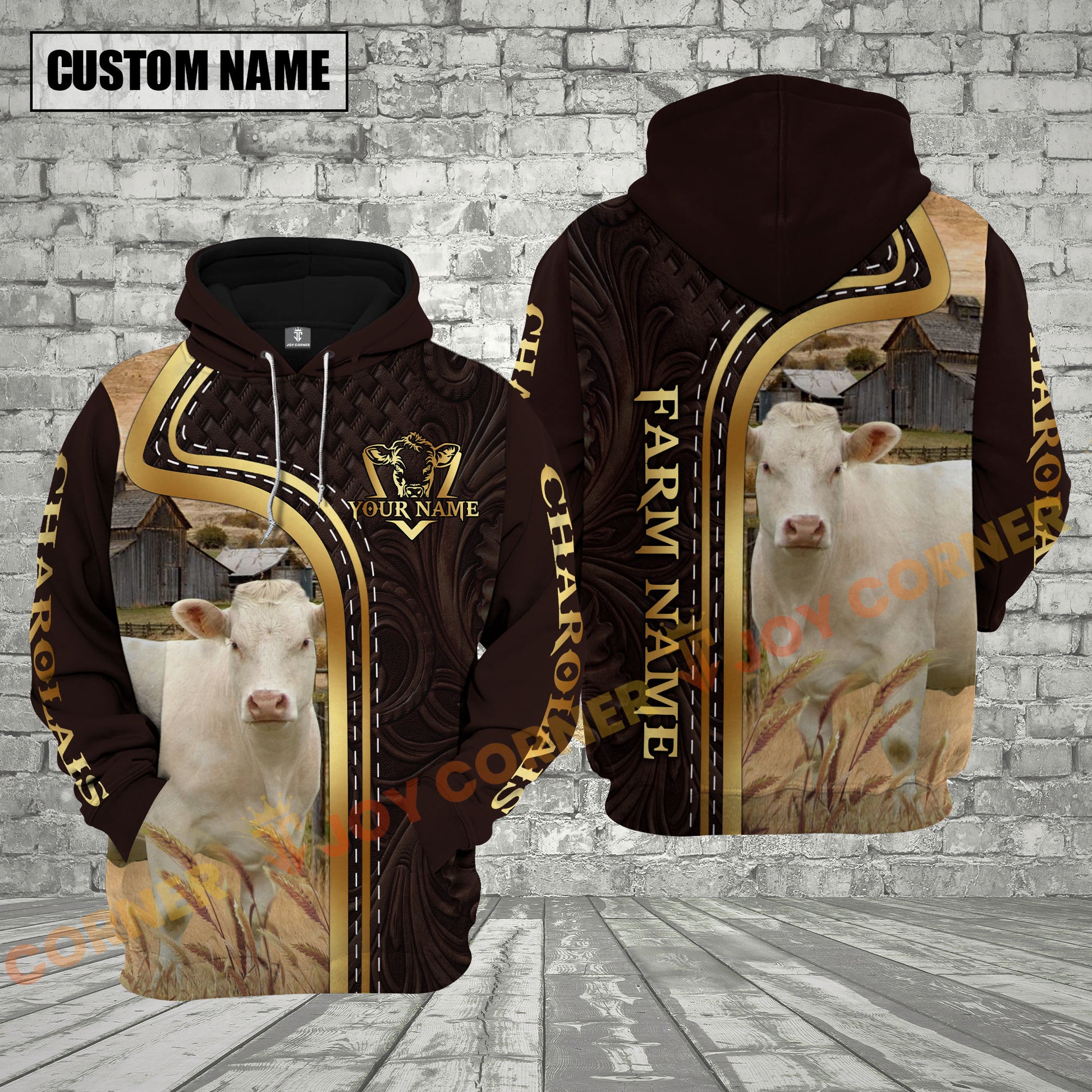 Brown hoodie with cow design and customizable text on a brick wall background