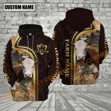 Joycorners Hereford Cow Farm Life Country Style Leather Pattern Personalized Name, Farm Name Unisex 3D Hoodie