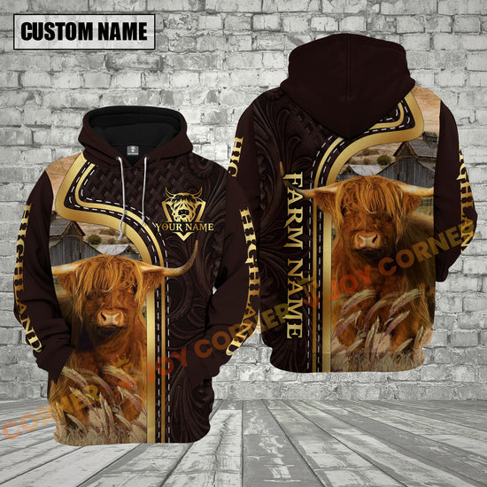 Hoodie with Highland cow design and customizable text on a brick wall background