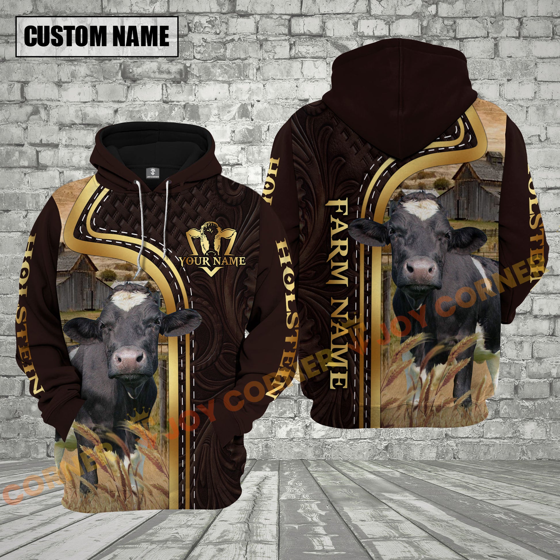 Brown hoodie with cow design and customizable text on a stone wall background
