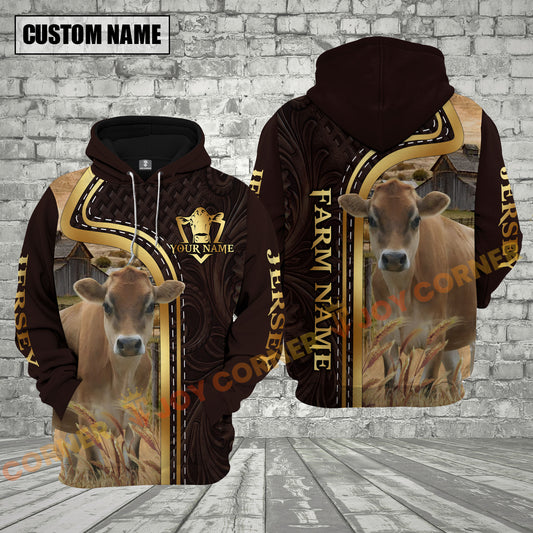 Joycorners Jersey Cow Farm Life Country Style Leather Pattern Personalized Name, Farm Name Unisex 3D Hoodie