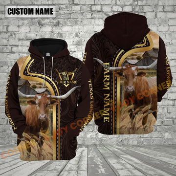 Joycorners Texas Longhorn Farm Life Country Style Leather Pattern Personalized Name, Farm Name Unisex 3D Hoodie