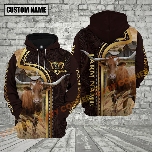 Joycorners Texas Longhorn Farm Life Country Style Leather Pattern Personalized Name, Farm Name Unisex 3D Hoodie