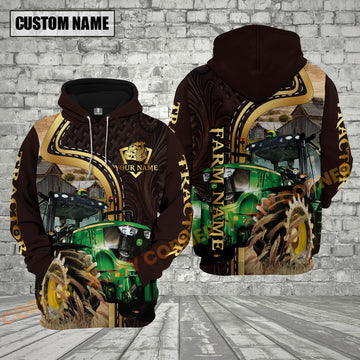 Joycorners Tractor Farm Life Country Style Leather Pattern Personalized Name, Farm Name Unisex 3D Hoodie
