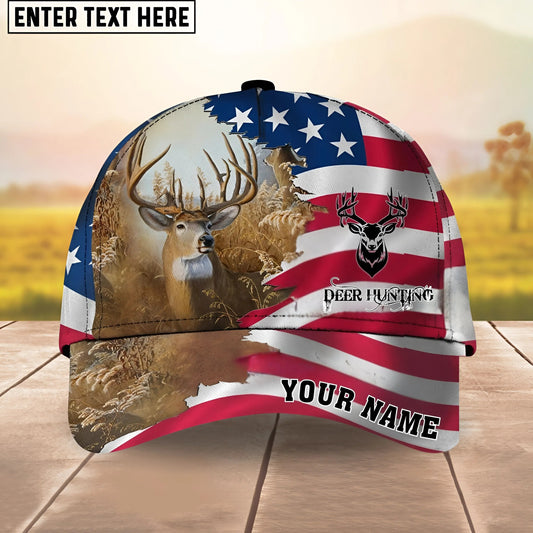 Joycorners Deer Hunting USA Flag Pattern Personalized Name 3D Cap
