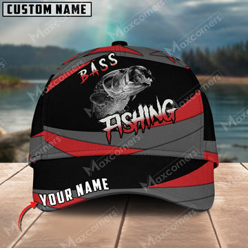 Joycorners Bass Fishing Red Gray Spinning Pattern Personalized Name Metal Pattern 3D Classic Cap