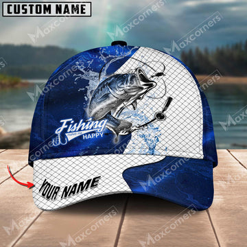 Joycorners Bass Fishing Dark Blue Pattern Personalized Name Metal Pattern 3D Classic Cap