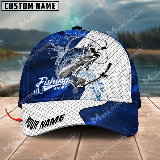 Joycorners Bass Fishing Dark Blue Pattern Personalized Name Metal Pattern 3D Classic Cap