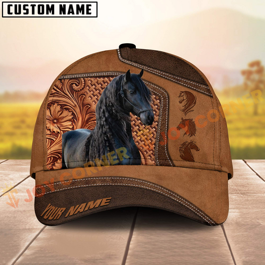 Joycorners Friesian Horse Western Tooled Leather 3D Pattern  Personalized Name 3D Classic Cap