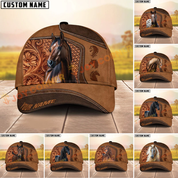 Joycorners Horse Western Tooled Leather 3D Pattern  Personalized Name 3D Classic Cap (7 Breeds)