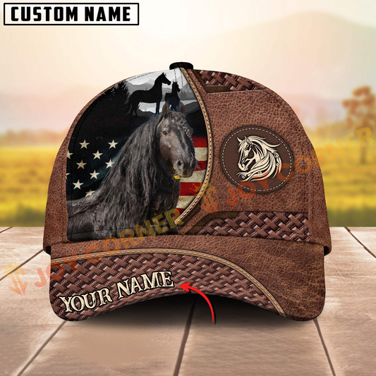 Joycorners Friesian Horse Couple Horse With American Flag 3D Pattern  Personalized Name 3D Classic Cap