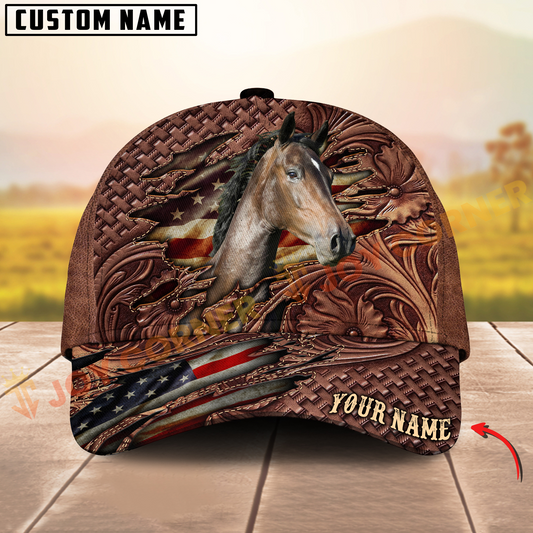 Joycorners Hackney Horse Western Tooled Leather Pattern American Flag Personalized Name 3D Classic Cap