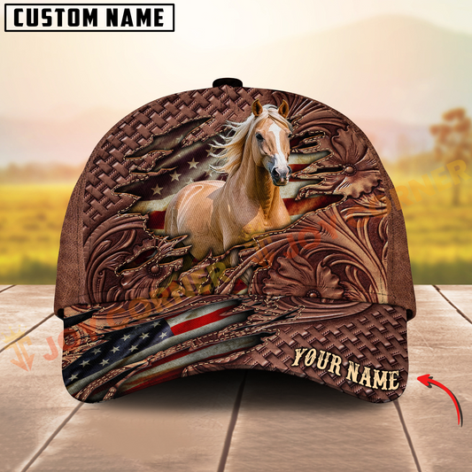 Joycorners Palomino Horse Western Tooled Leather Pattern American Flag Personalized Name 3D Classic Cap