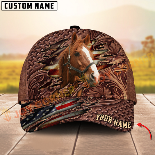 Joycorners Thoroughbred Horse Western Tooled Leather Pattern American Flag Personalized Name 3D Classic Cap