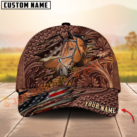 Joycorners Warmblood Horse Western Tooled Leather Pattern American Flag Personalized Name 3D Classic Cap (8 Breeds)