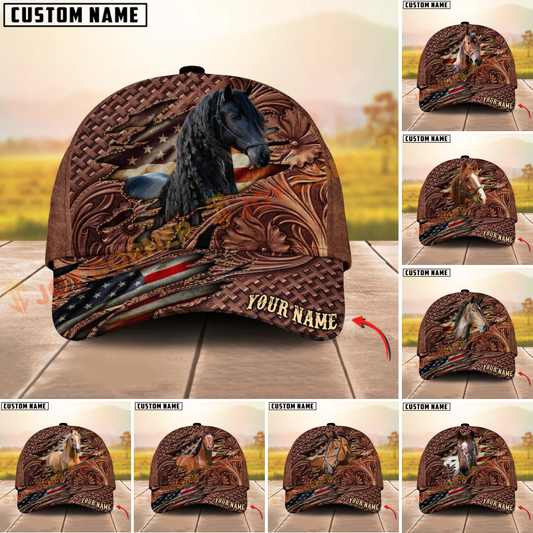 Joycorners Warmblood Horse Western Tooled Leather Pattern American Flag Personalized Name 3D Classic Cap (8 Breeds)