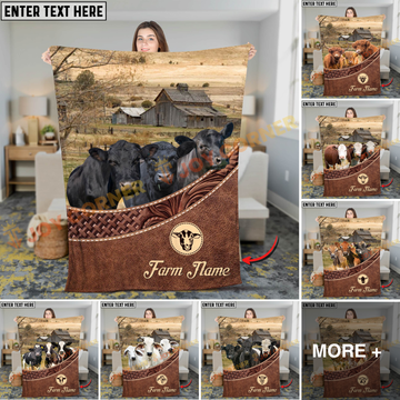 Joycorners Cattle Cow Farm Barn Landscape Leather Weave Pattern Personalized Name Blanket (10 Breeds)
