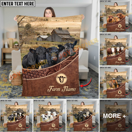Joycorners Cattle Cow Farm Barn Landscape Leather Weave Pattern Personalized Name Blanket (10 Breeds)