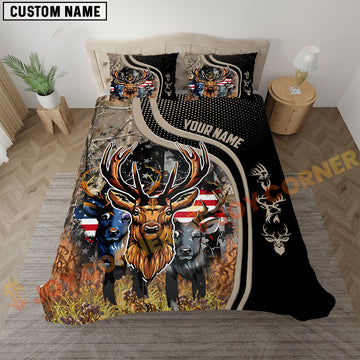 Joycorners Deer Hunting American Flag Grass Brown Line Bedding Set 3D All Over Printed