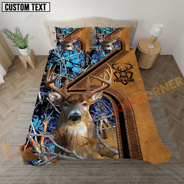 Joycorners Deer Hunting Blue Real Tree Forest Leather Stripe Bedding Set 3D All Over Printed